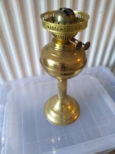 Vintage Brass column Oil Lamp 14" tall with duplex burner & shade ring 4" 