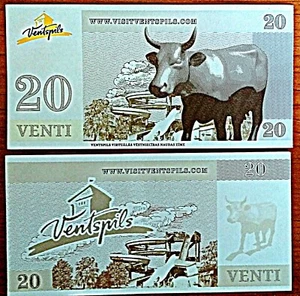 20 VENTI LATVIA Local Currency Venspils city,cow,a small old wooden unc banknot  - Picture 1 of 1