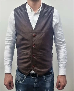 Mens Waistcoat Brown Leather Buttoned Slim Fit Style Waistcoat - Picture 1 of 3