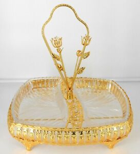 Divided 2-Tier dish Candy cookies Glass & Gold metal with handle Decorative 