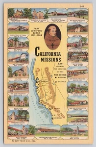 Map of California Missions Pictures Fray Junipero Serra Vintage 1944 Postcard - Picture 1 of 2