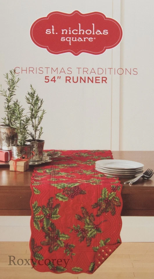 Christmas St Nicholas Square Red Holly Quilted Table Runner 13x54 in