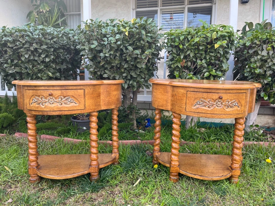 Vintage Pair Of   Walnut Twist Ornate Carved Side Table - Image 1 of 4