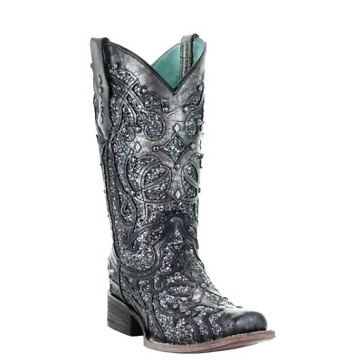 Botas femininas Corral preto cinza glitter incrustado e tachas biqueira quadrada C3404 - Imagem 1 de 4