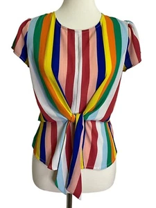 E M Shirt Womens Small Colorful Peplum Striped Front Tie Button Back Neck - Picture 1 of 6