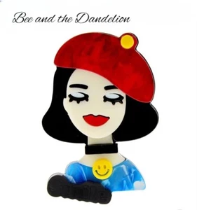 Modern Layered Acrylic Chic Girl / Lady With Red Beret Brooch ~ Art Deco Look. - Picture 1 of 5