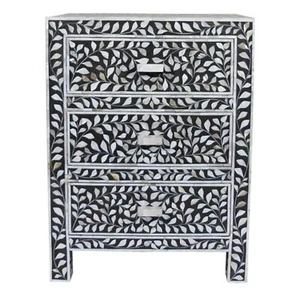 Mother Of Pearl Inlay Floral 3 Drawer Bedside Black - Picture 1 of 4