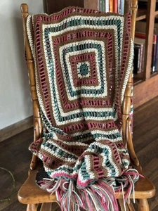 VTG Hand Crocheted Afghan Blanket, Tablecloth - Aqua, Rose, Brown, White Granny - Picture 1 of 5