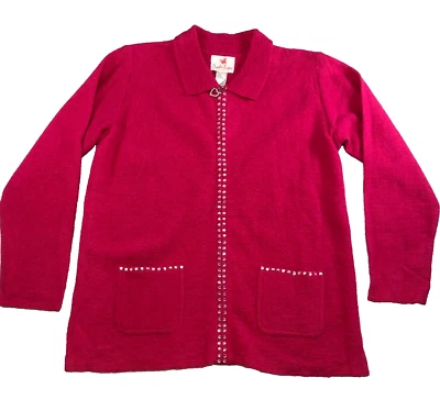 Quacker Factory Womens Wool Sweater Sz L Full Heart Zip Rhinestones Long Sleeve - Image 1 of 4