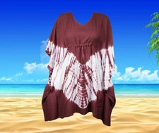 Womens Caftan Dress, Maroon White Knee Length Kaftan Dresses, Tie Dye Short S-2X