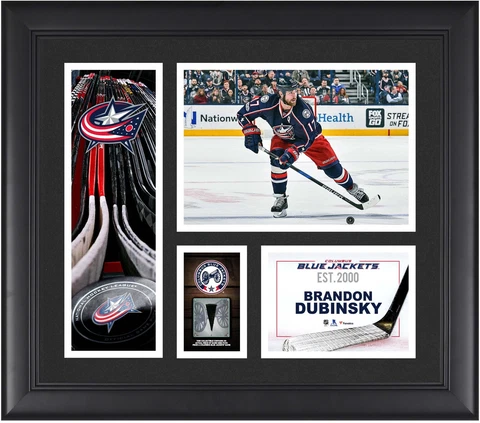 B.Dubinsky Blue Jackets Framed 15x17 Collage & Piece of GU Puck Cover