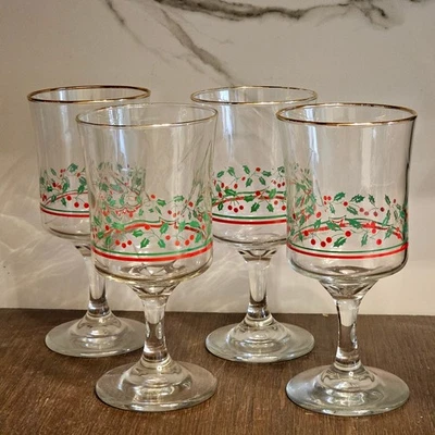 VTG Libbey Arby's Christmas Holly Berry Gold Trim 6 3/4" Tall Glasses Set 4 - Image 1 of 3