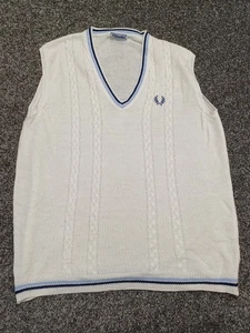 Vintage Fred Perry Courtelle Tank Top Men Large White Cable Knit Mods 70s 80s - Picture 1 of 11