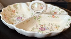 VTG Japanese 3 Sectioned Candy Nut Relish Serving Dish w/Handle Floral Gold Tim - Picture 1 of 4
