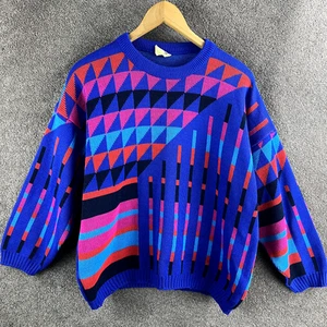 Vintage acrylic knit patterned round neck pullover jumper Womens Size S 80s - Picture 1 of 12