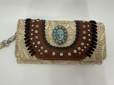 Montana West Wallet Western Rhinestones Blue Woven Trifold Clutch 7"X 4" - Image 1 of 4