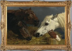 Antigua pintura al óleo maestra de arte animal caballo pájaro sobre lienzo 24"x36" - Imagen 1 de 2