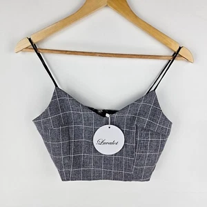 Luvalot Top Womens 10 Cropped Grey Check Spaghetti Strap Zip Back Bustier NWT - Picture 1 of 8