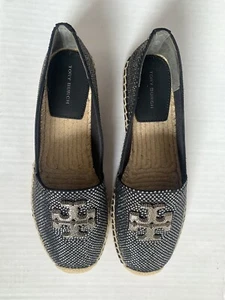 Tory Burch Sz 7 Black Everly Espadrille Royal Suede Embellished Flats - Picture 1 of 9