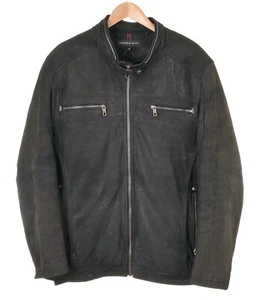 Andrew Marc Black Leather Moto Bomber GENUINE RABBIT FUR Lined Jacket Coat XL - Picture 1 of 9