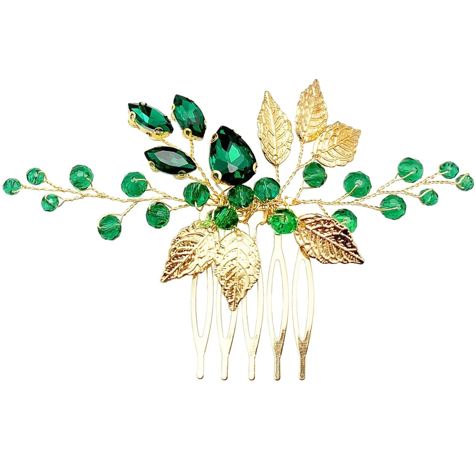 BETITETO Bridal Hair Comb Emerald Green Crystal Gold Leaf Vine Hair Piece Access - Image 1 of 4