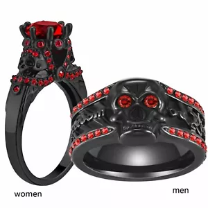 Couple Rings Skull Rings Mens Wedding Bands Red CZ Womens Wedding Ring Punk Ring - Picture 1 of 9