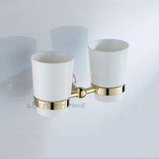Golden Bathroom Two Ceramic Tumblers Cup Toothbrush Holder Wall Mount Toothpaste