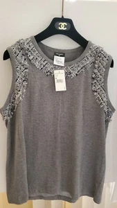 AUTH NWT CHANEL 10P GREY COTTON / LESAGE FRINGE SLEEVELESS LOGO TOP TEE-SHIRT 48 - Picture 1 of 11