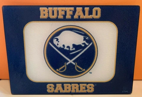 VINTAGE NHL BUFFALO SABRES GLASS CUTTING BOARD/COUNTER SAVER 11" x 8" Cover
