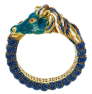Frascarolo 18k Yellow Gold Diamond, Ruby, and Enamel Horse Bangle 1960s - Picture 1 of 7
