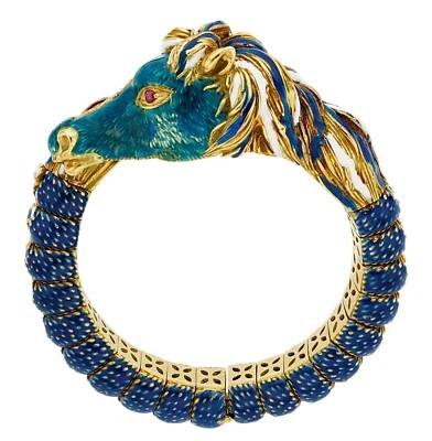 Frascarolo 18k Yellow Gold Diamond, Ruby, and Enamel Horse Bangle 1960s - Image 1 of 4