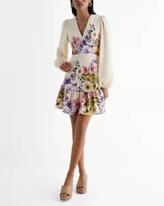 Express Floral V Neck Long Puff Sleeve Cutout Floral Mini Dress Womens M Easter - Picture 1 of 10
