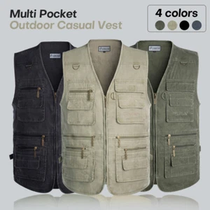 Men Multi Pocket Fishing Vest Hunting Hiking Gilet Cotton Outerwear Waistcoat - Picture 1 of 33