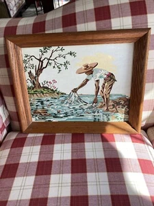 Vintage Paint By Number PBN Polynesian Tropical Man Fishing 14.5" x 18.5" Framed - Picture 1 of 2