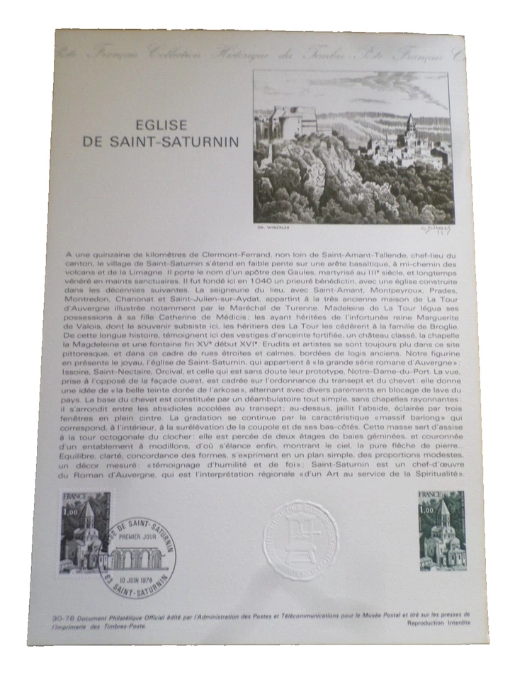 Francia 1978 Documento Oficial 1er Día FDC Iglesia de San Saturno Foto 1 de 1