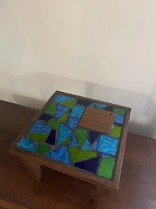 Vintage Green & Blue Glass Mosaic Plant Table. Legs 8” Tall. Table top 12” x 12” - Picture 1 of 4