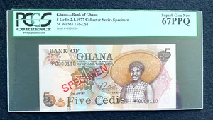 GHANA, BANK OF GHANA 1977 SPECIMEN 5 CEDIS. PCGS-67 PPQ. P-15b-CS1. - Picture 1 of 2