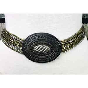 Chico's Womens Beaded Belt One Size Beaded Strands Chain Metal Oval Medallion  