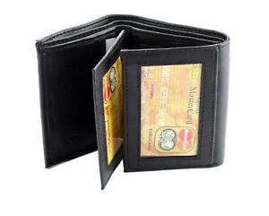Black Mens Trifold Genuine Leather Wallet Window ID Pockets Holder Credit Cards