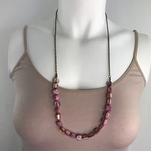 Handmade Necklace Pink Mother of Pearl Shell Beads on a Long Bronze Tone Chain - Picture 1 of 5