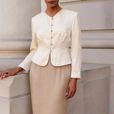 Vintage Papell Size 6P 2-Piece Silk Satin Brocade Skirt Suit w/ Blazer Jacket - Image 1 of 4