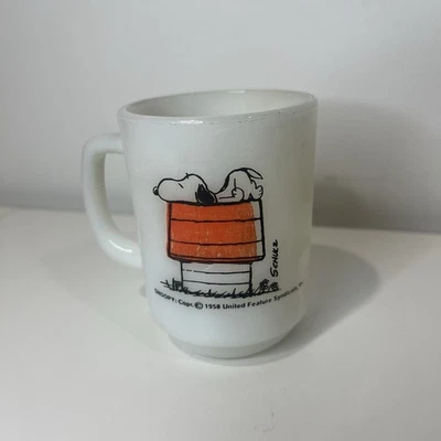 1958 Snoopy “I Think I'm Allergic To Morning!” Fire King Milk Glass Vintage Mug - Image 1 of 4
