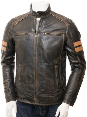 Men Real Sheepskin Vintage Leather Jacket Biker Motorcycle Brown Quilted Jacket - Image 1 of 4