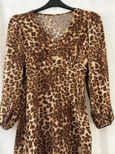 Brown Animal Leopard Print Short Mini Dress By George Size 12 Long Sleeves - Picture 1 of 8