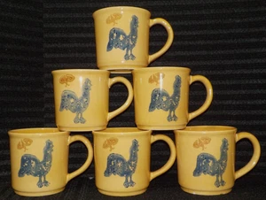 S/6 Pfaltzgraff AMERICA Stencil Sponge ROOSTER Stoneware Mugs 3.5" (Vntg**EUC) - Picture 1 of 17