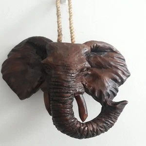 Elephant Head Wall Decor Vintage Hand Carved Resin Home Handmade Sculpture 8" In - Picture 1 of 14