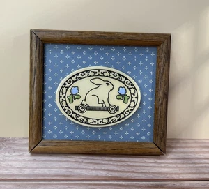 VTG 80s Framed Ceramic Oval Bunny Plaque Blue White Country Cottage Core Child - Picture 1 of 8