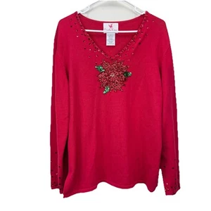 Quacker Factory Red Sequin Poinsettia Holiday Christmas Pullover Sweater LARGE - Picture 1 of 8