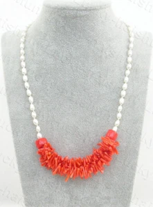 Collana AAA naturale 18" ramo barocco rosa corallo riso bianco perle c1715 - Foto 1 di 6