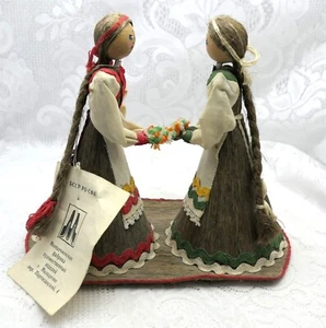 Handmade Russian Girls Folk Art Corn Husk Dolls Straw Wood Yarn Fabric w/Tag 6" - Picture 1 of 14